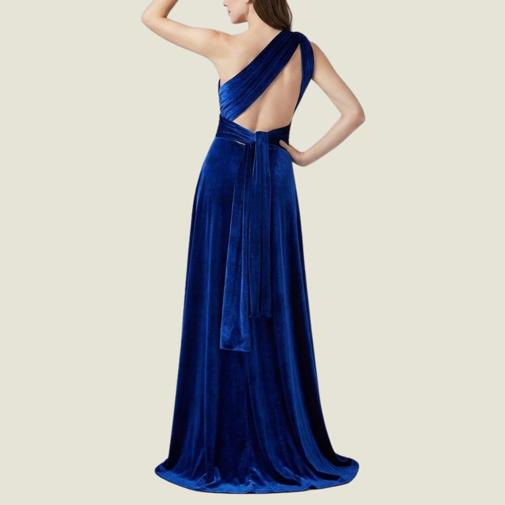 Safirblå Sammetsklänning med Multidrapering och One-shoulder