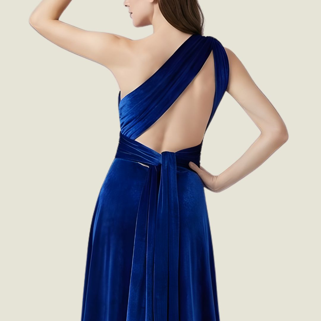 Safirblå Sammetsklänning med Multidrapering och One-shoulder