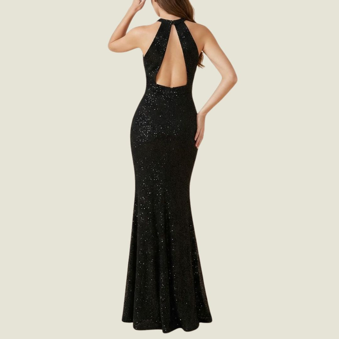 Glittersvart Långklänning med Illusionshalsringning och Hög Slits