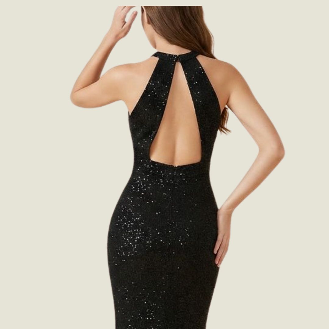 Glittersvart Långklänning med Illusionshalsringning och Hög Slits