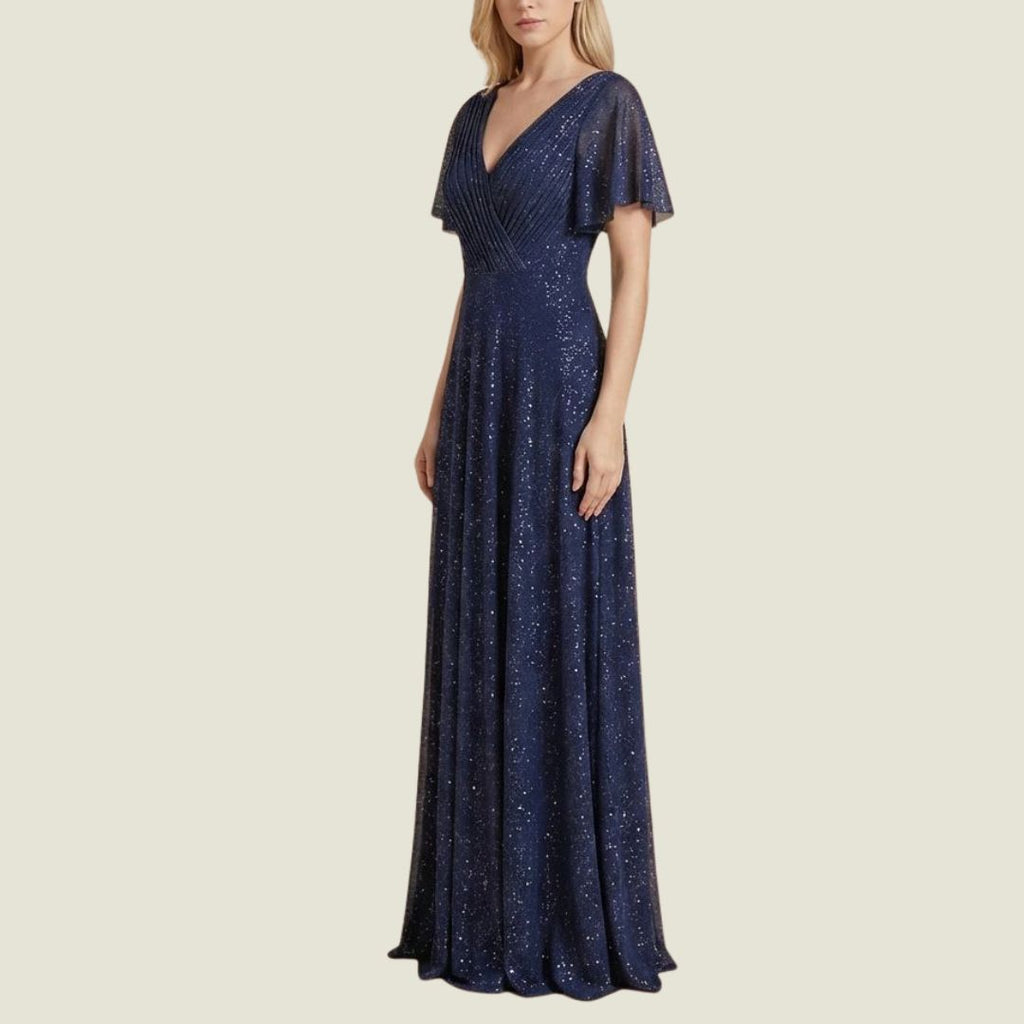 Midnattsblå Glitternattklänning med Plisserat Liv och Fjärilsärm